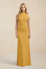 High Neck Sheath Chiffon Bridesmaid Dress With Slit in Marigold - KissProm Bridesmaid Dresses