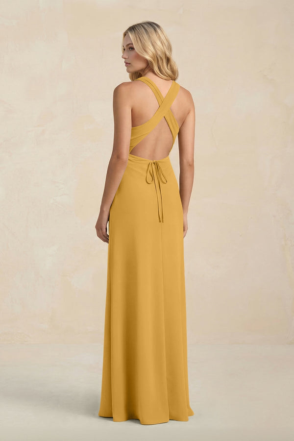 High Neck Sheath Chiffon Bridesmaid Dress With Slit in Marigold - KissProm Bridesmaid Dresses