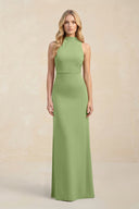 High Neck Sheath Chiffon Bridesmaid Dress With Slit in Matcha - KissProm Bridesmaid Dresses