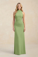 High Neck Sheath Chiffon Bridesmaid Dress With Slit in Matcha - KissProm Bridesmaid Dresses