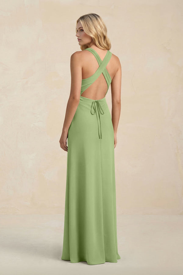 High Neck Sheath Chiffon Bridesmaid Dress With Slit in Matcha - KissProm Bridesmaid Dresses