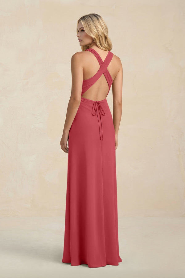 High Neck Sheath Chiffon Bridesmaid Dress With Slit in Merlot - KissProm Bridesmaid Dresses