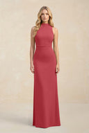 High Neck Sheath Chiffon Bridesmaid Dress With Slit in Merlot - KissProm Bridesmaid Dresses