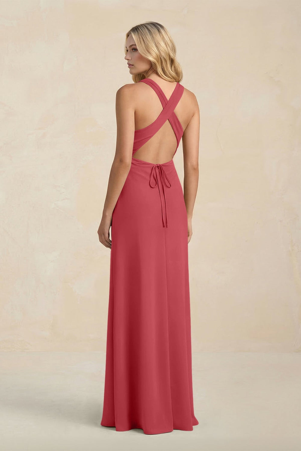 High Neck Sheath Chiffon Bridesmaid Dress With Slit in Merlot - KissProm Bridesmaid Dresses