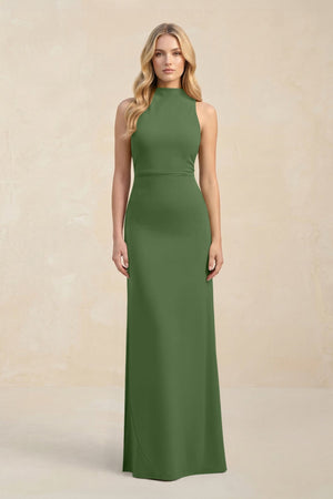 High Neck Sheath Chiffon Bridesmaid Dress With Slit in Moss - KissProm Bridesmaid Dresses