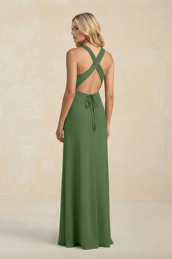 High Neck Sheath Chiffon Bridesmaid Dress With Slit in Moss - KissProm Bridesmaid Dresses