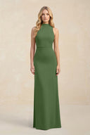High Neck Sheath Chiffon Bridesmaid Dress With Slit in Moss - KissProm Bridesmaid Dresses