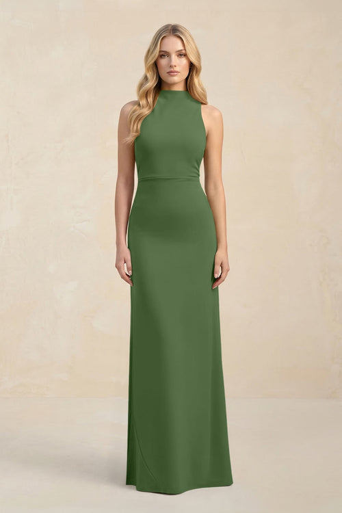 High Neck Sheath Chiffon Bridesmaid Dress With Slit in Moss - KissProm Bridesmaid Dresses