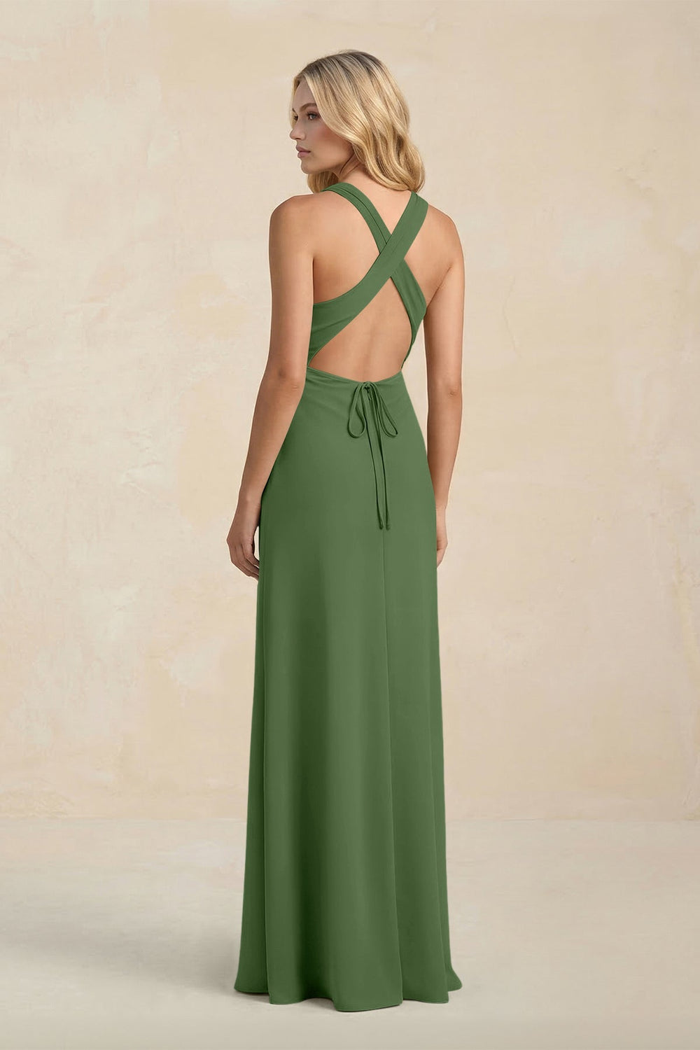 High Neck Sheath Chiffon Bridesmaid Dress With Slit in Moss - KissProm Bridesmaid Dresses