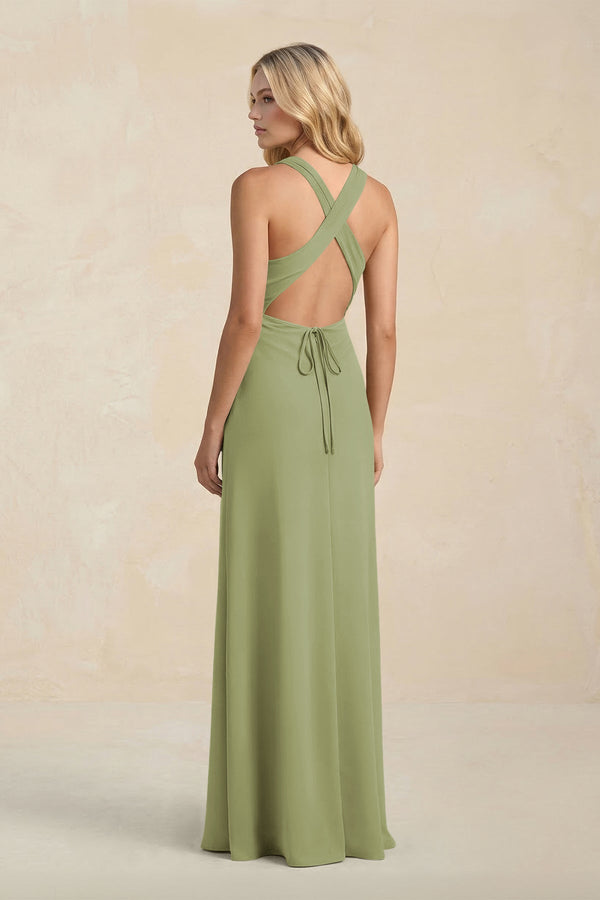 High Neck Sheath Chiffon Bridesmaid Dress With Slit in Moss Green - KissProm Bridesmaid Dresses