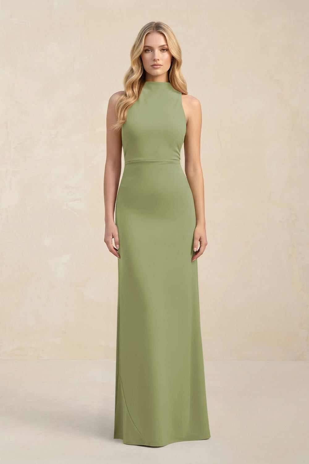 High Neck Sheath Chiffon Bridesmaid Dress With Slit in Moss Green - KissProm Bridesmaid Dresses