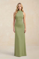 High Neck Sheath Chiffon Bridesmaid Dress With Slit in Moss Green - KissProm Bridesmaid Dresses