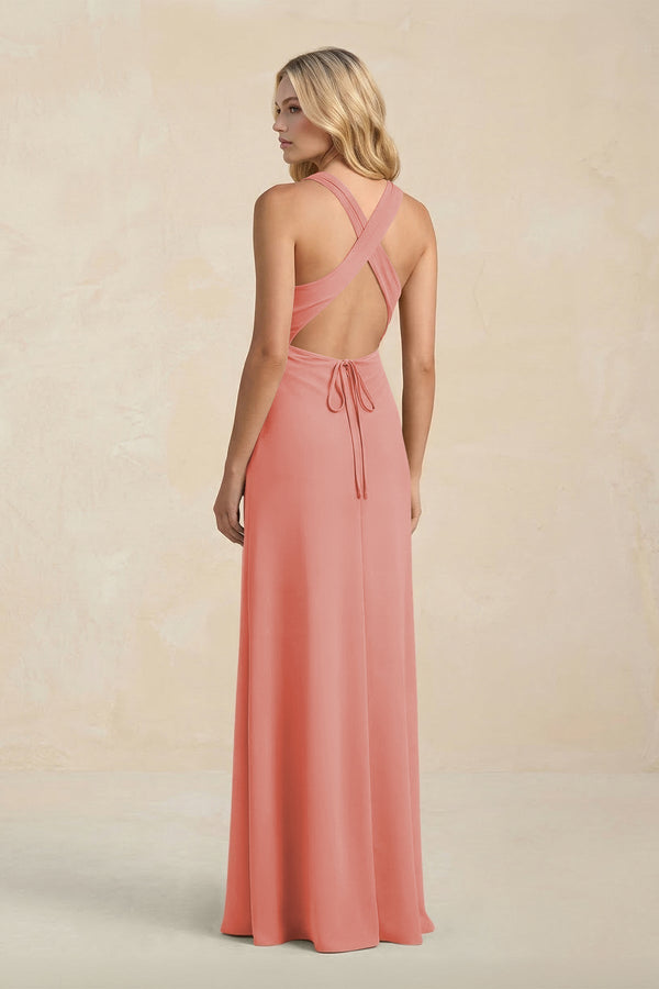 High Neck Sheath Chiffon Bridesmaid Dress With Slit in Mulberry - KissProm Bridesmaid Dresses