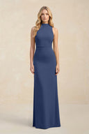 High Neck Sheath Chiffon Bridesmaid Dress With Slit in Navy - KissProm Bridesmaid Dresses
