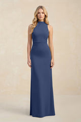 High Neck Sheath Chiffon Bridesmaid Dress With Slit in Navy - KissProm Bridesmaid Dresses