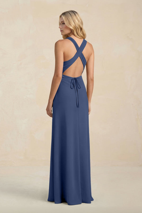 High Neck Sheath Chiffon Bridesmaid Dress With Slit in Navy - KissProm Bridesmaid Dresses