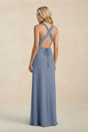 High Neck Sheath Chiffon Bridesmaid Dress With Slit in Neptune - KissProm Bridesmaid Dresses