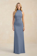 High Neck Sheath Chiffon Bridesmaid Dress With Slit in Neptune - KissProm Bridesmaid Dresses