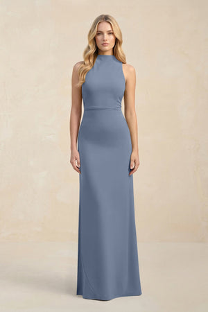 High Neck Sheath Chiffon Bridesmaid Dress With Slit in Neptune - KissProm Bridesmaid Dresses