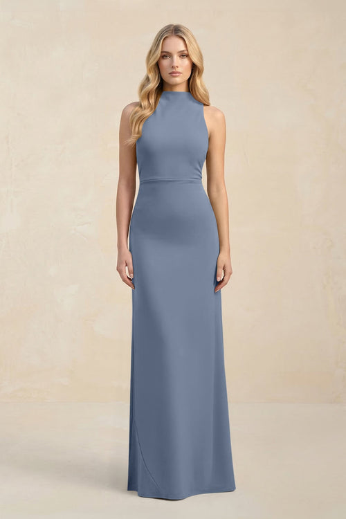 High Neck Sheath Chiffon Bridesmaid Dress With Slit in Neptune - KissProm Bridesmaid Dresses
