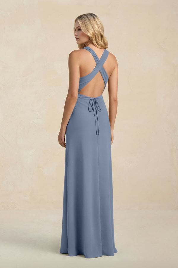 High Neck Sheath Chiffon Bridesmaid Dress With Slit in Neptune - KissProm Bridesmaid Dresses