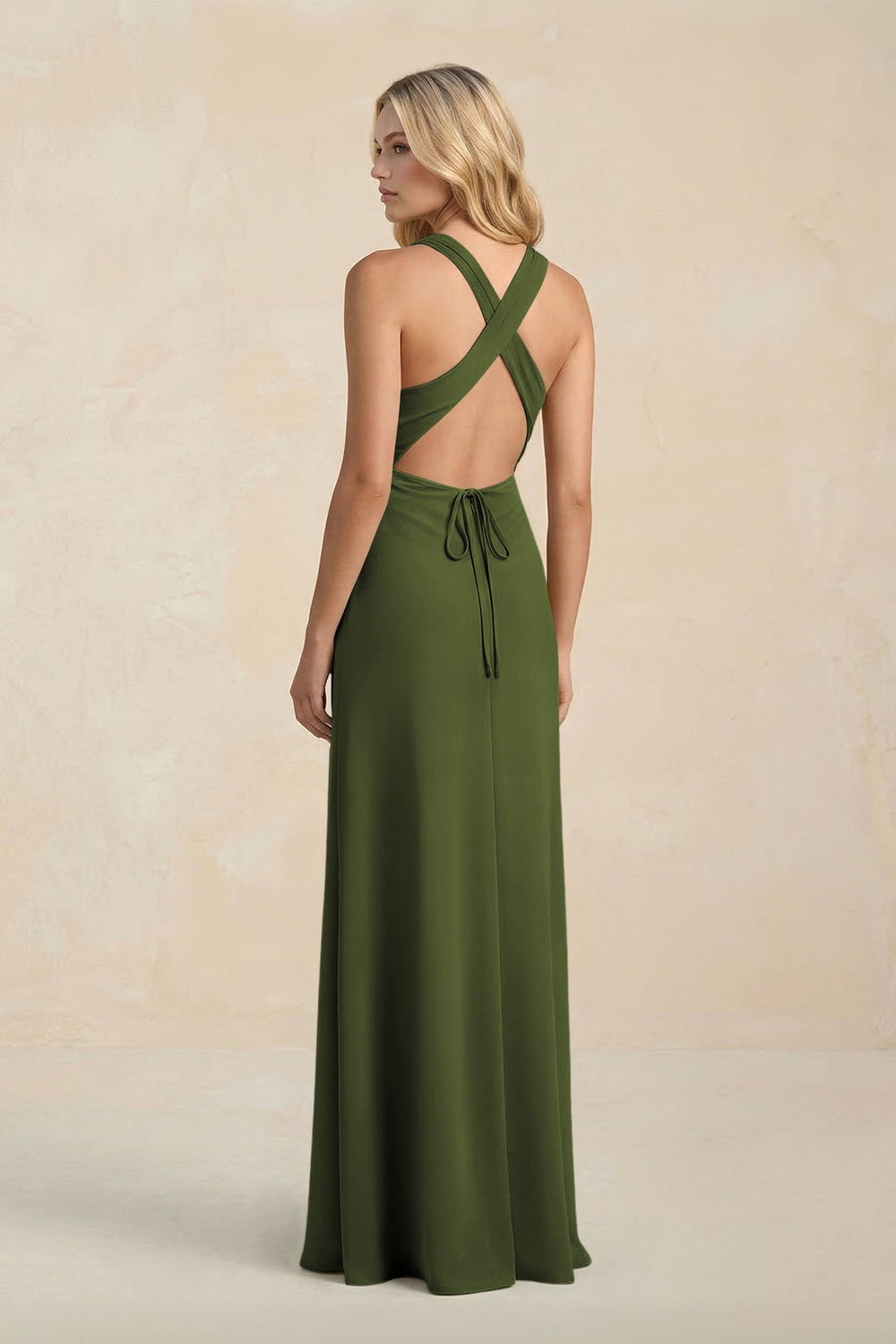 High Neck Sheath Chiffon Bridesmaid Dress With Slit in Olive - KissProm Bridesmaid Dresses