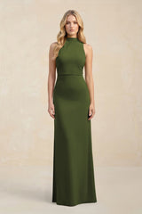 High Neck Sheath Chiffon Bridesmaid Dress With Slit in Olive - KissProm Bridesmaid Dresses