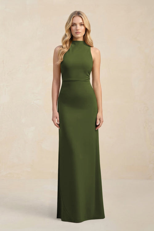 High Neck Sheath Chiffon Bridesmaid Dress With Slit in Olive - KissProm Bridesmaid Dresses