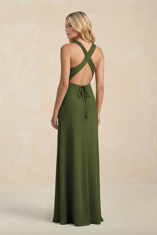 High Neck Sheath Chiffon Bridesmaid Dress With Slit in Olive - KissProm Bridesmaid Dresses