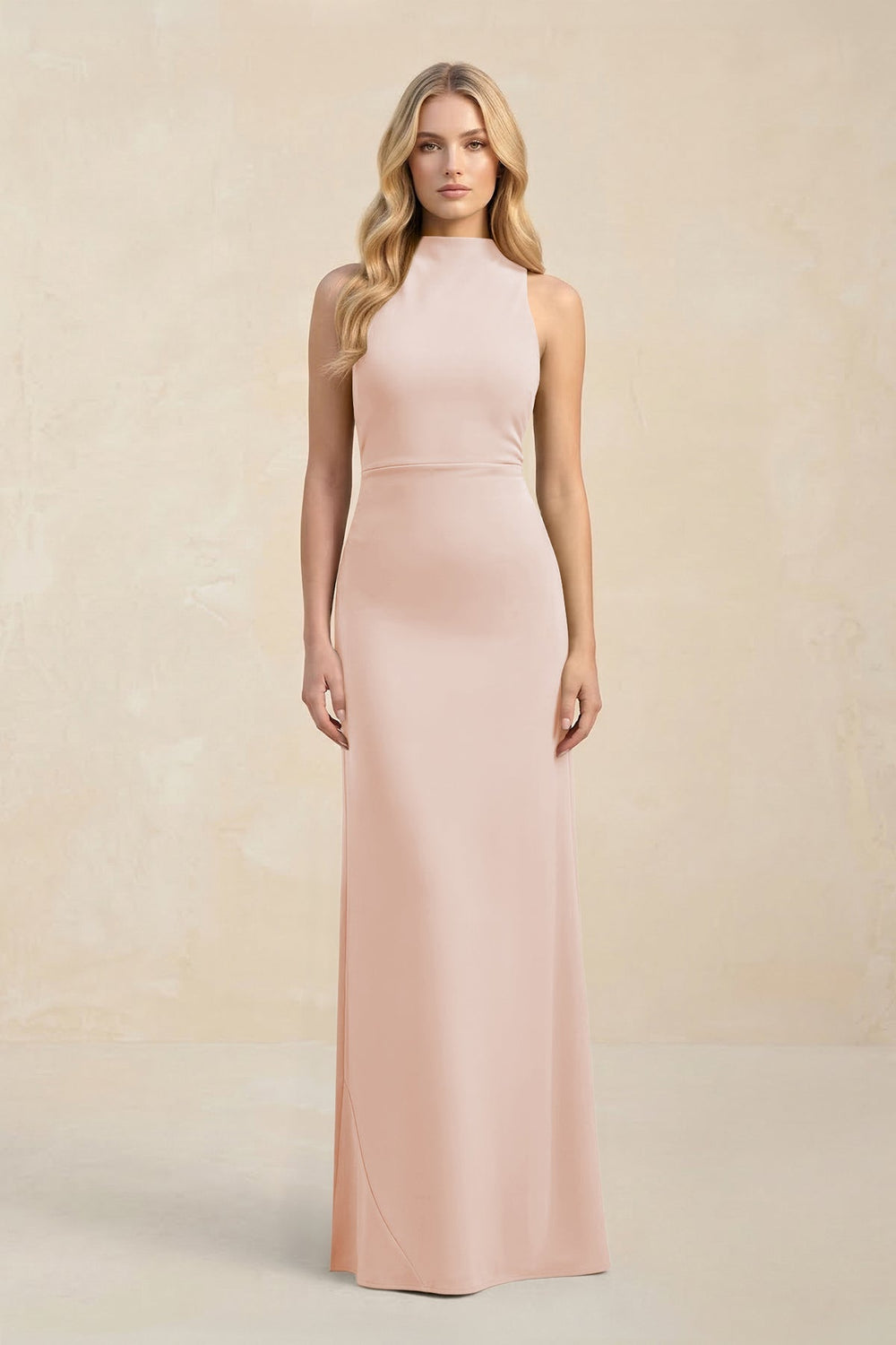High Neck Sheath Chiffon Bridesmaid Dress With Slit in Pale Blush - KissProm Bridesmaid Dresses