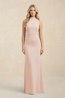 High Neck Sheath Chiffon Bridesmaid Dress With Slit in Pale Blush - KissProm Bridesmaid Dresses