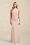 High Neck Sheath Chiffon Bridesmaid Dress With Slit in Pale Blush - KissProm Bridesmaid Dresses