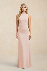 High Neck Sheath Chiffon Bridesmaid Dress With Slit in Pale Blush - KissProm Bridesmaid Dresses