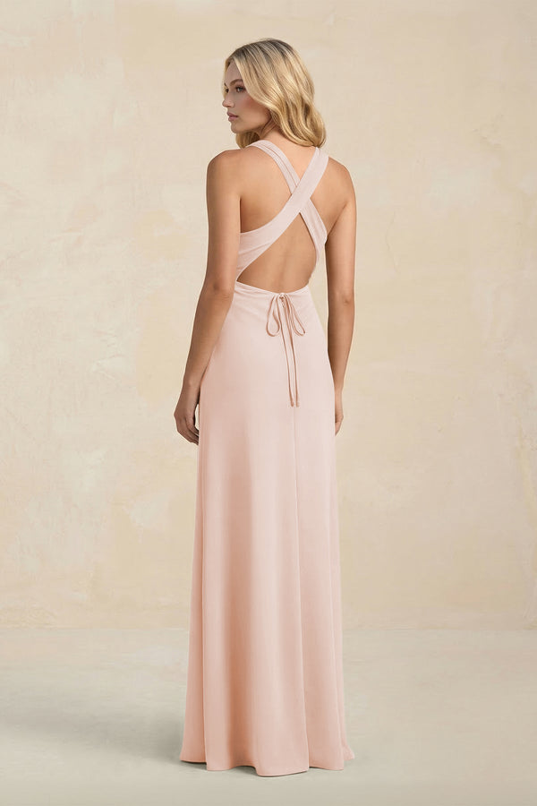 High Neck Sheath Chiffon Bridesmaid Dress With Slit in Pale Blush - KissProm Bridesmaid Dresses