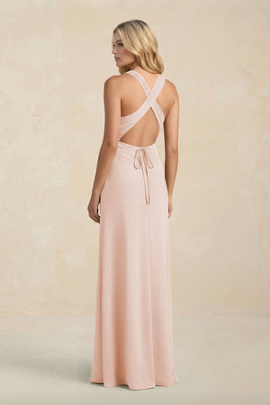 High Neck Sheath Chiffon Bridesmaid Dress With Slit in Pale Blush - KissProm Bridesmaid Dresses