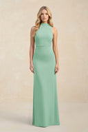 High Neck Sheath Chiffon Bridesmaid Dress With Slit in Pale Pistachio - KissProm Bridesmaid Dresses