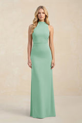 High Neck Sheath Chiffon Bridesmaid Dress With Slit in Pale Pistachio - KissProm Bridesmaid Dresses