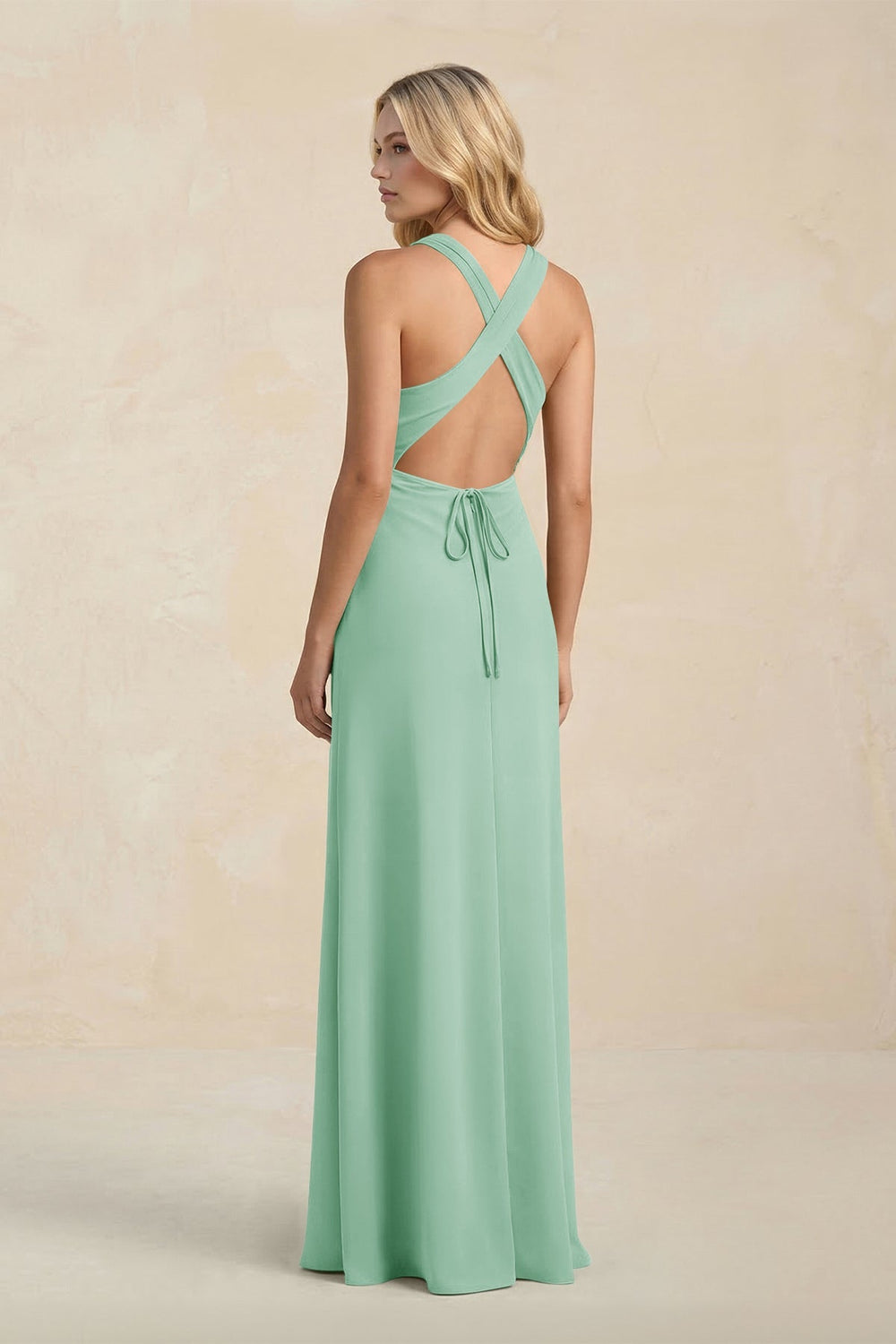 High Neck Sheath Chiffon Bridesmaid Dress With Slit in Pale Pistachio - KissProm Bridesmaid Dresses
