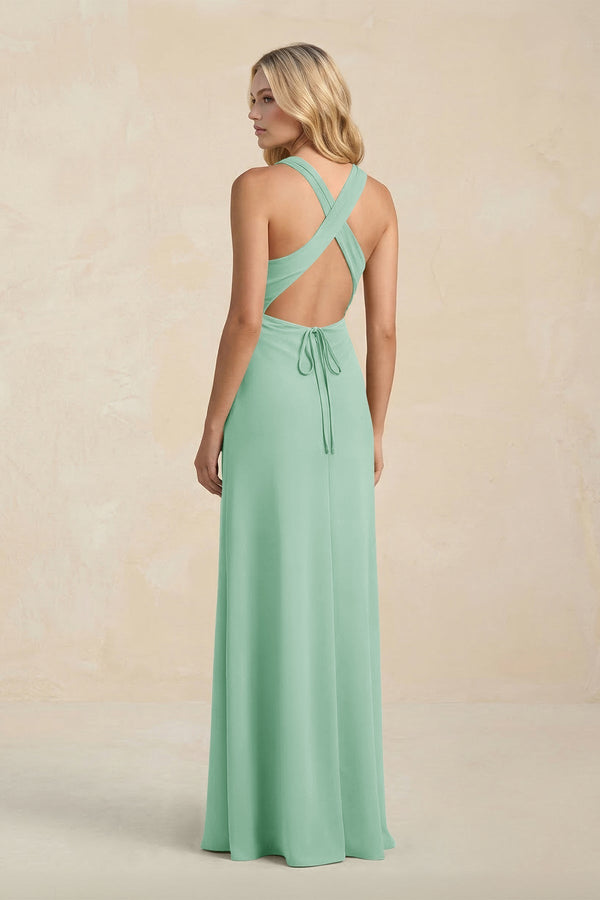 High Neck Sheath Chiffon Bridesmaid Dress With Slit in Pale Pistachio - KissProm Bridesmaid Dresses
