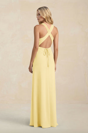 High Neck Sheath Chiffon Bridesmaid Dress With Slit in Pastel Yellow - KissProm Bridesmaid Dresses