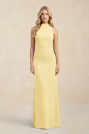 High Neck Sheath Chiffon Bridesmaid Dress With Slit in Pastel Yellow - KissProm Bridesmaid Dresses