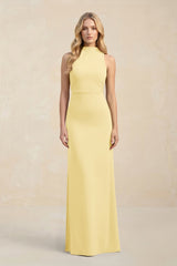 High Neck Sheath Chiffon Bridesmaid Dress With Slit in Pastel Yellow - KissProm Bridesmaid Dresses
