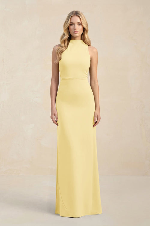 High Neck Sheath Chiffon Bridesmaid Dress With Slit in Pastel Yellow - KissProm Bridesmaid Dresses