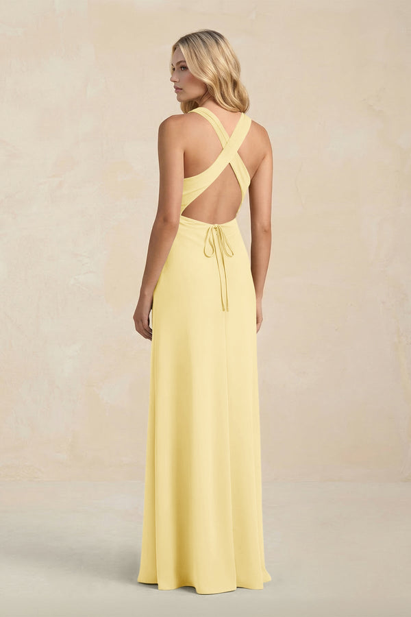High Neck Sheath Chiffon Bridesmaid Dress With Slit in Pastel Yellow - KissProm Bridesmaid Dresses