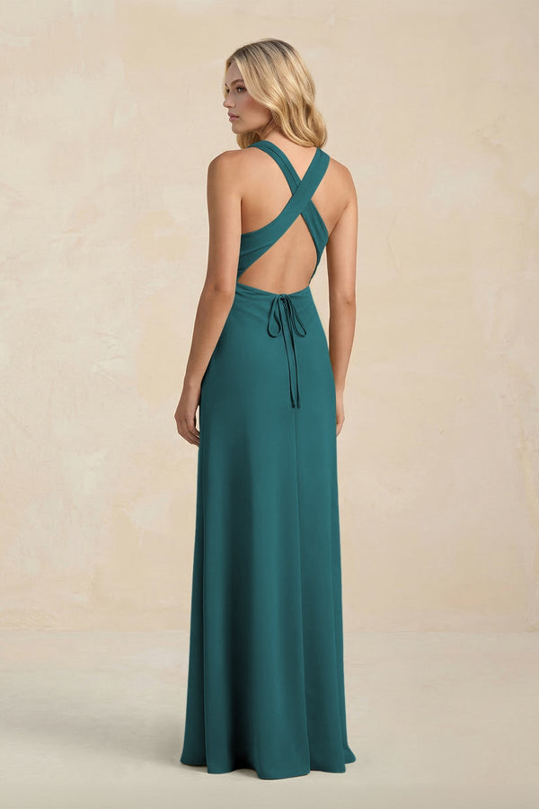 High Neck Sheath Chiffon Bridesmaid Dress With Slit in Pine - KissProm Bridesmaid Dresses