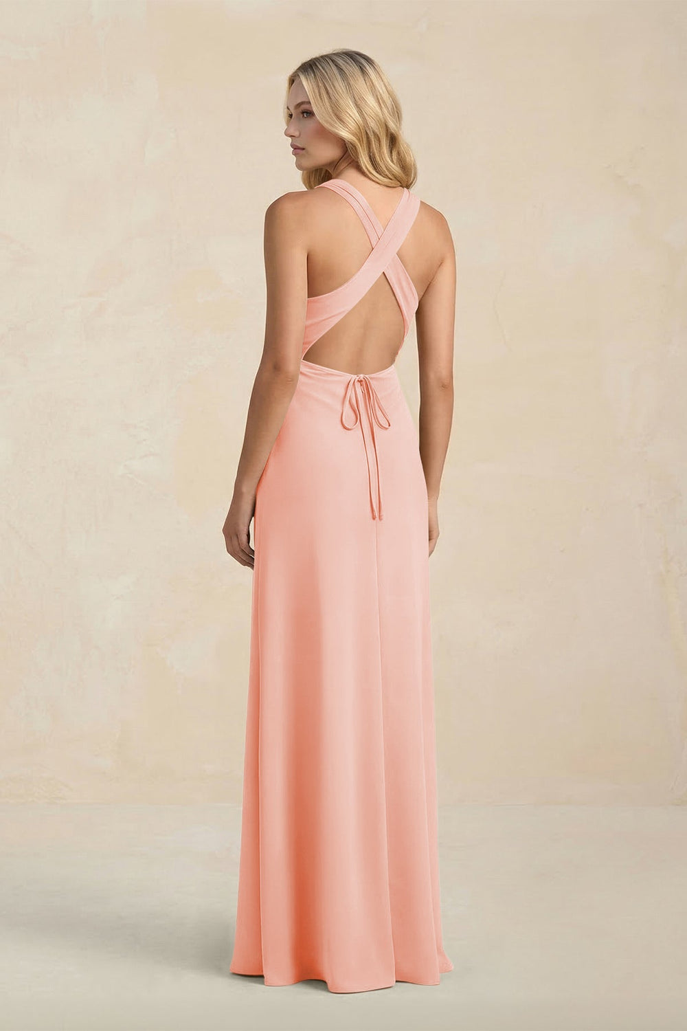 High Neck Sheath Chiffon Bridesmaid Dress With Slit in Rose Petal - KissProm Bridesmaid Dresses