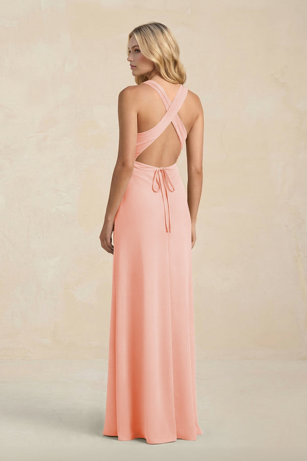High Neck Sheath Chiffon Bridesmaid Dress With Slit in Rose Petal - KissProm Bridesmaid Dresses