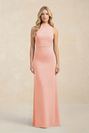 High Neck Sheath Chiffon Bridesmaid Dress With Slit in Rose Petal - KissProm Bridesmaid Dresses