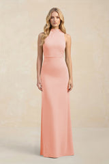 High Neck Sheath Chiffon Bridesmaid Dress With Slit in Rose Petal - KissProm Bridesmaid Dresses