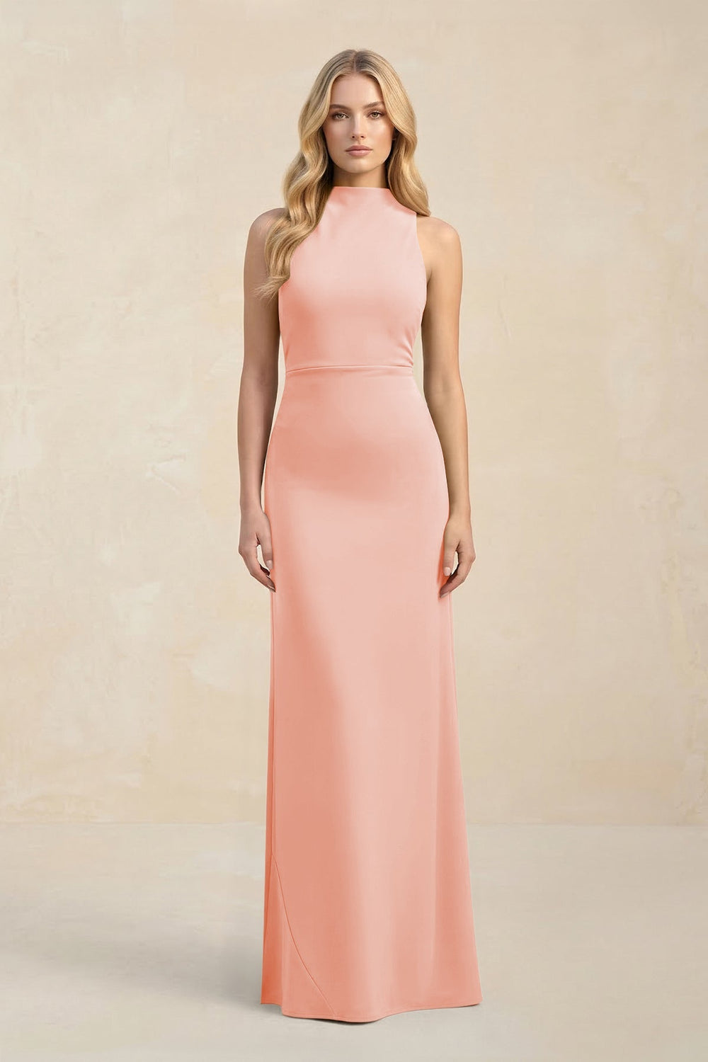 High Neck Sheath Chiffon Bridesmaid Dress With Slit in Rose Petal - KissProm Bridesmaid Dresses